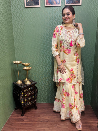 Yellow Muslin Sharara Set with Gotta & Mirror Work #1772