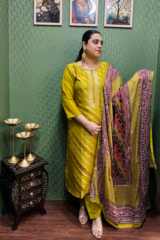 Mustard Banarsi silk Lehriya Suit Set #1664