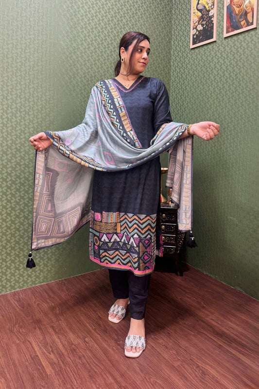 Pure Muslin Charcoal Black Digital Print Suit Set #1763