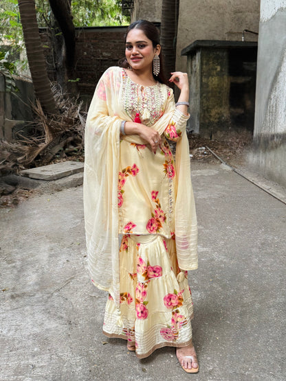 Yellow Muslin Sharara Set with Gotta & Mirror Work #1772
