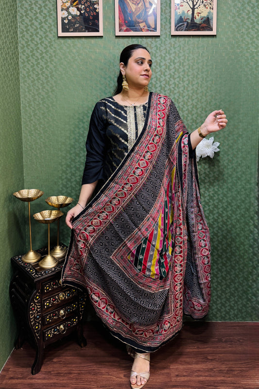 Black Banarsi Silk Lehriya Suit Set #1665
