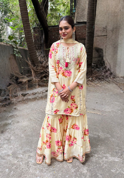 Yellow Muslin Sharara Set with Gotta & Mirror Work #1772