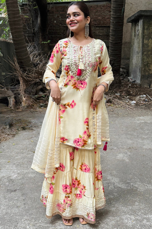 Yellow Muslin Sharara Set with Gotta & Mirror Work #1772