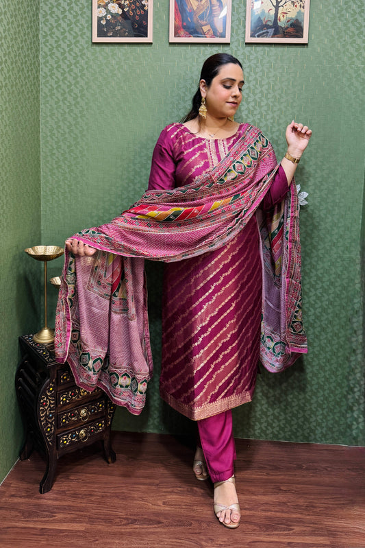 Pink Banarasi Silk Lehriya Suit Set  #1662
