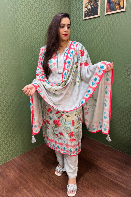Pure Muslin Grey & Peach Digital Print Suit Set #1765