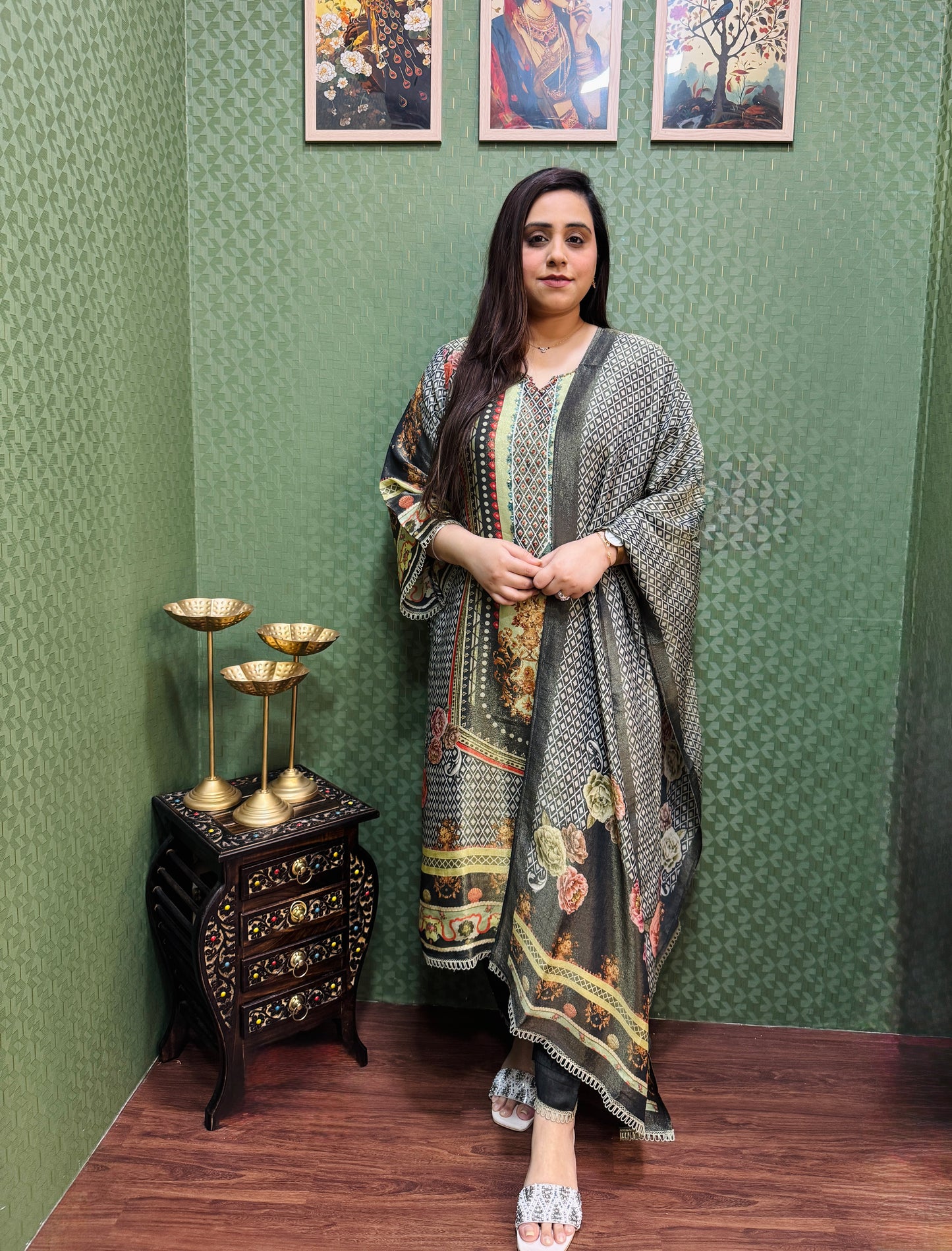 Olive green and black soft shimmer pakistani print suit set #1784