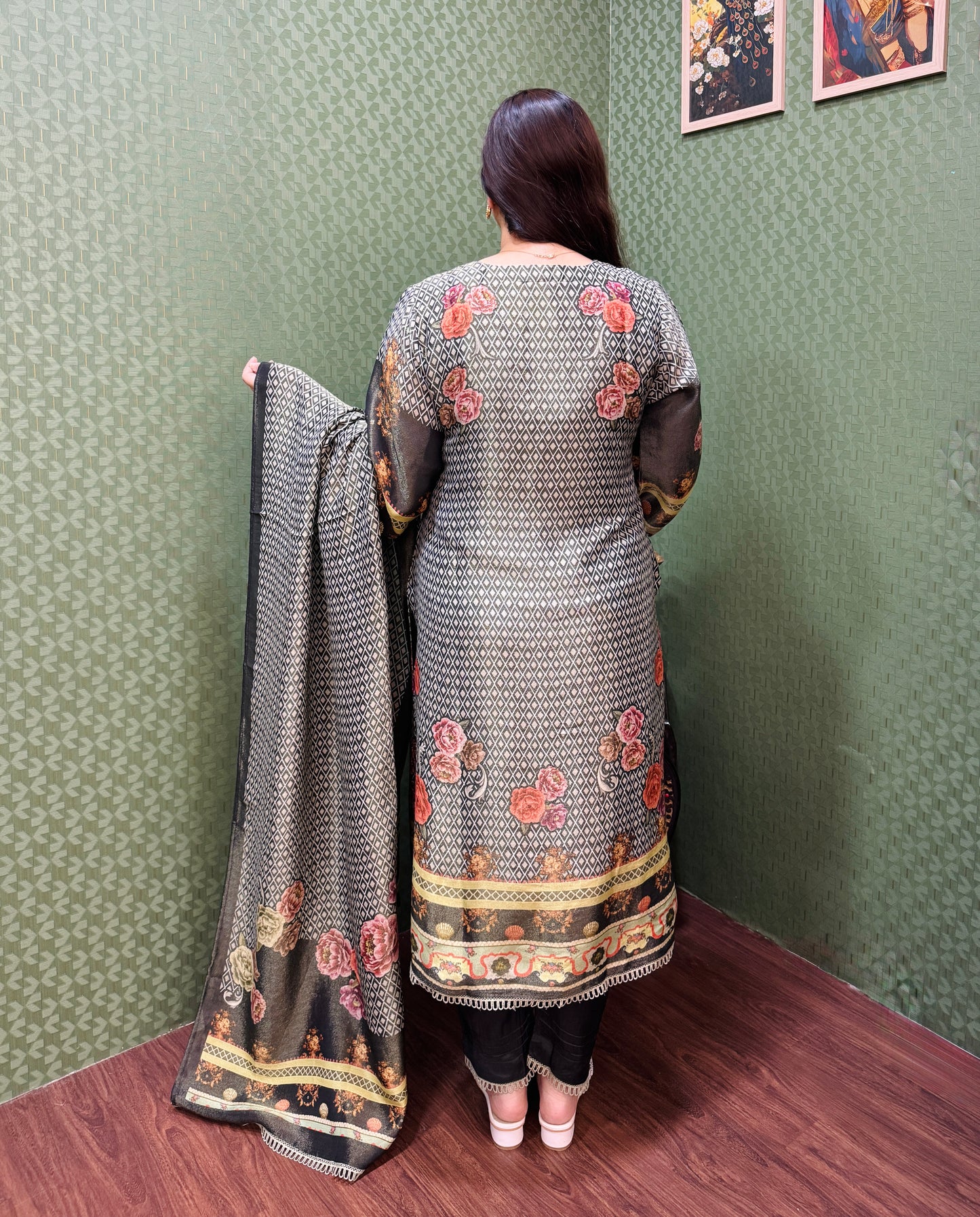 Olive green and black soft shimmer pakistani print suit set #1784