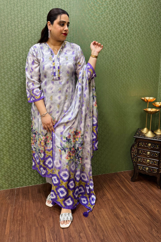 Pure Muslin Grey & Purple Digital Print Suit Set #1768