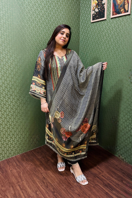 Olive green and black soft shimmer pakistani print suit set #1784