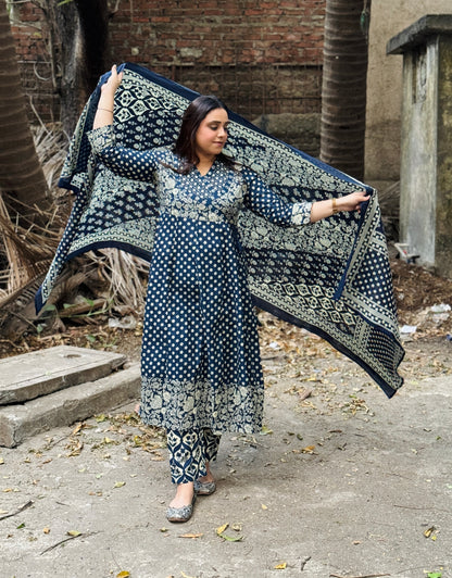 Navy blue Floral Cotton Angrakha Anarkali Set #1761