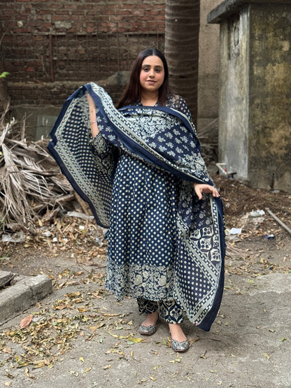 Navy blue Floral Cotton Angrakha Anarkali Set #1761