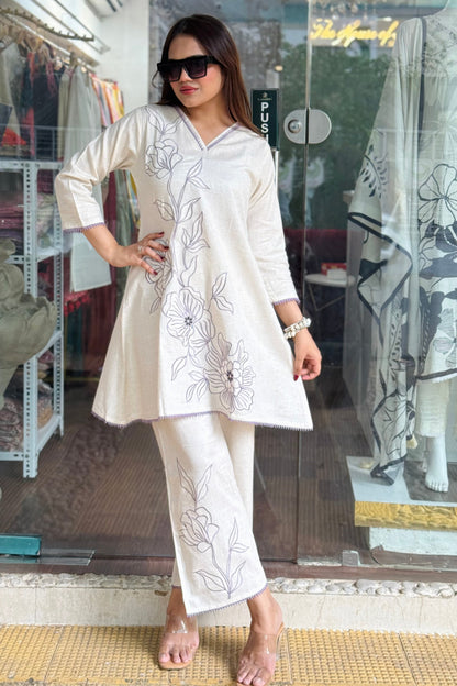 Cotton Flex Co-ord Set with Thread Floral Embroidery #1773
