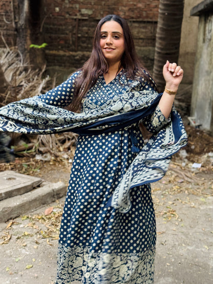 Navy blue Floral Cotton Angrakha Anarkali Set #1761