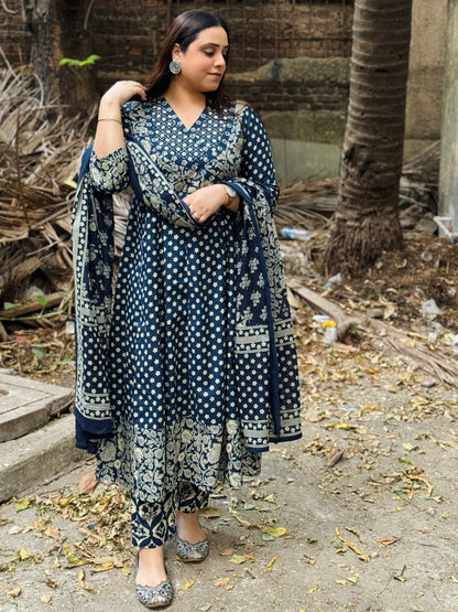 Navy blue Floral Cotton Angrakha Anarkali Set #1761