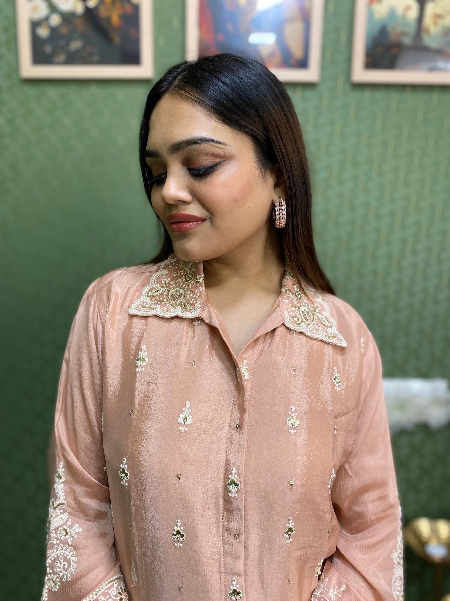 Peach Dazzling Handwork Chinnon Co-ord Set #1528