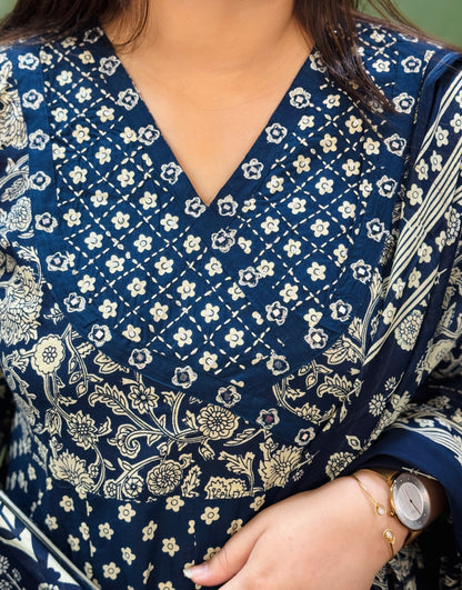 Navy blue Floral Cotton Angrakha Anarkali Set #1761