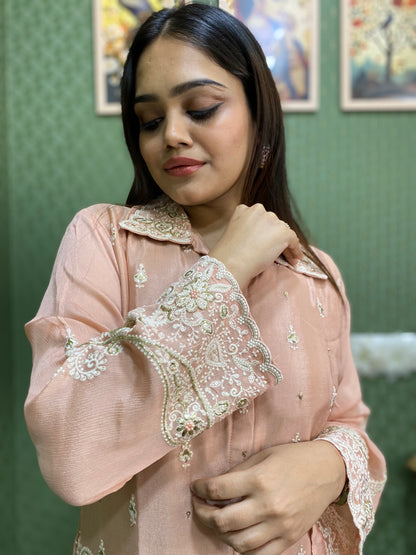 Peach Dazzling Handwork Chinnon Co-ord Set #1528