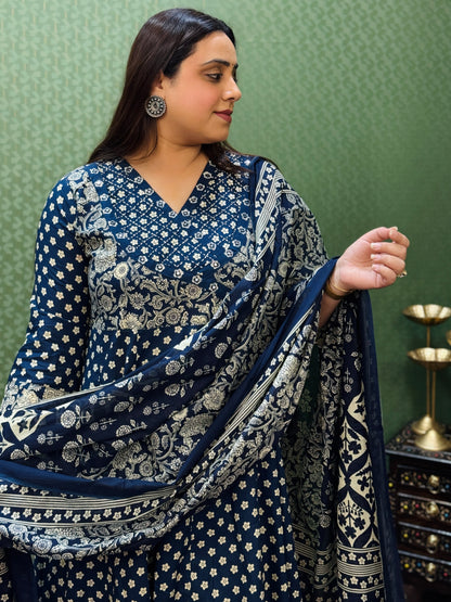 Navy blue Floral Cotton Angrakha Anarkali Set #1761