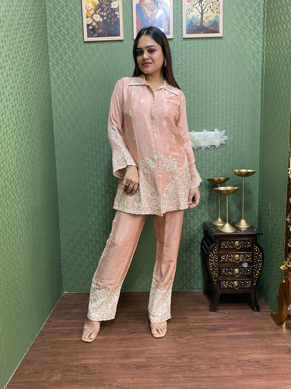 Peach Dazzling Handwork Chinnon Co-ord Set #1528