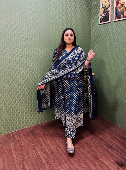 Navy blue Floral Cotton Angrakha Anarkali Set #1761