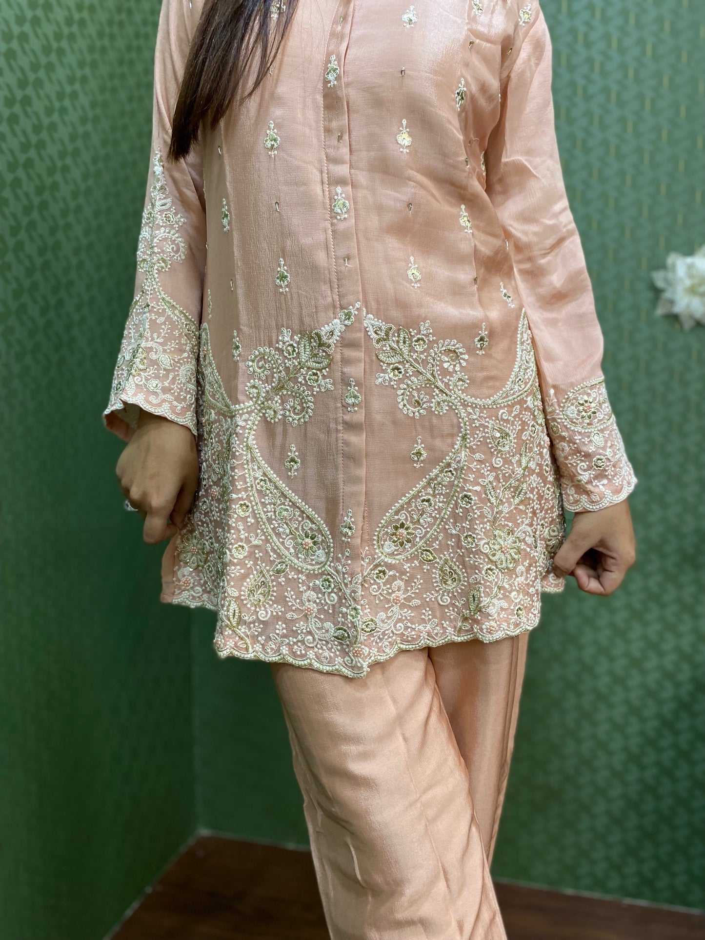 Peach Dazzling Handwork Chinnon Co-ord Set #1528