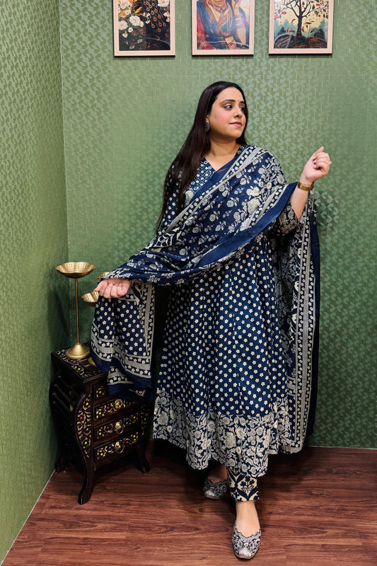 Navy blue Floral Cotton Angrakha Anarkali Set #1761