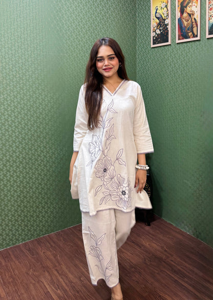 Cotton Flex Co-ord Set with Thread Floral Embroidery #1773