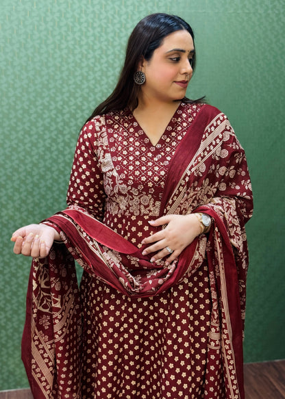 Red Floral Cotton Angrakha Anarkali Set #1762