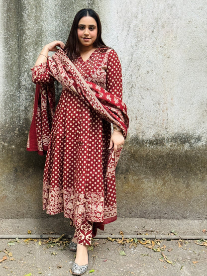Red Floral Cotton Angrakha Anarkali Set #1762