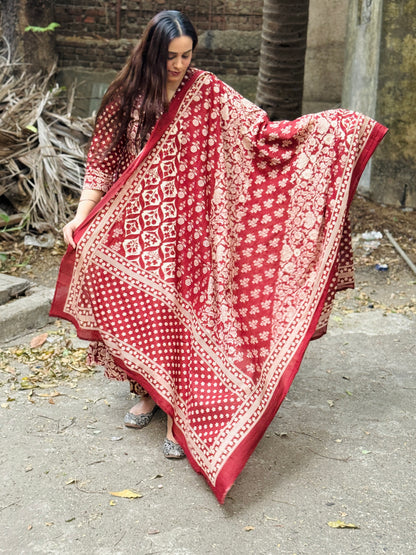 Red Floral Cotton Angrakha Anarkali Set #1762