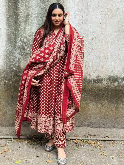 Red Floral Cotton Angrakha Anarkali Set #1762
