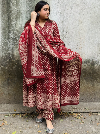 Red Floral Cotton Angrakha Anarkali Set #1762