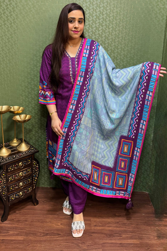 Pure Muslin Purple Digital Print Suit Set #1764