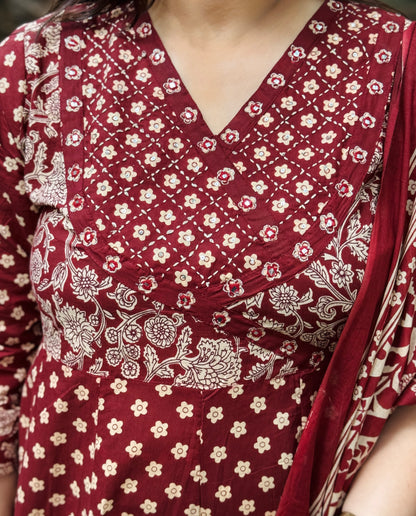 Red Floral Cotton Angrakha Anarkali Set #1762