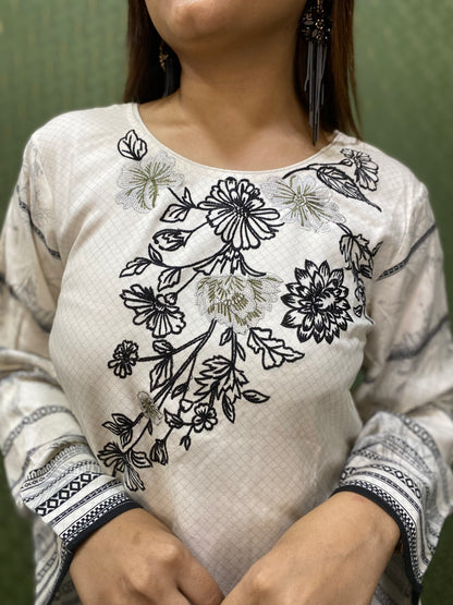 White Pure Pashmina Embroidered Suit Set #1749