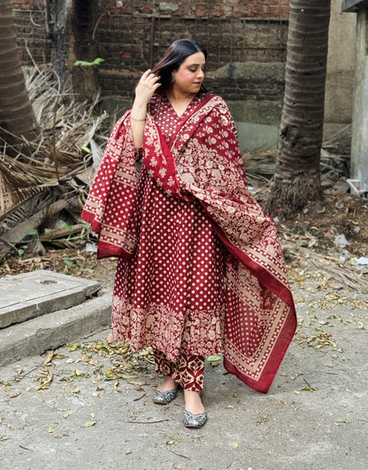 Red Floral Cotton Angrakha Anarkali Set #1762