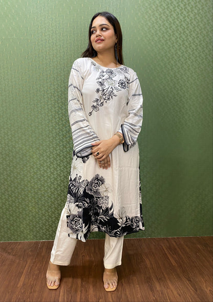 White Pure Pashmina Embroidered Suit Set #1749