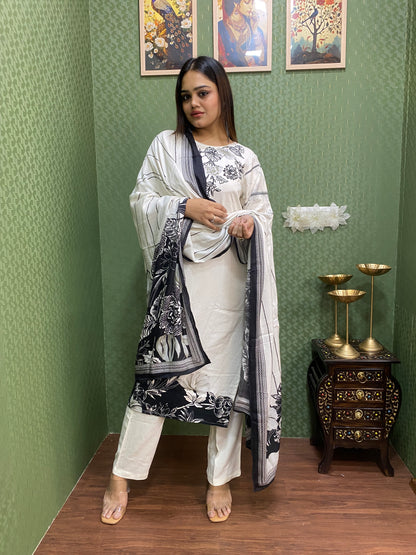 White Pure Pashmina Embroidered Suit Set #1749