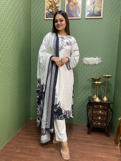 White Pure Pashmina Embroidered Suit Set #1749