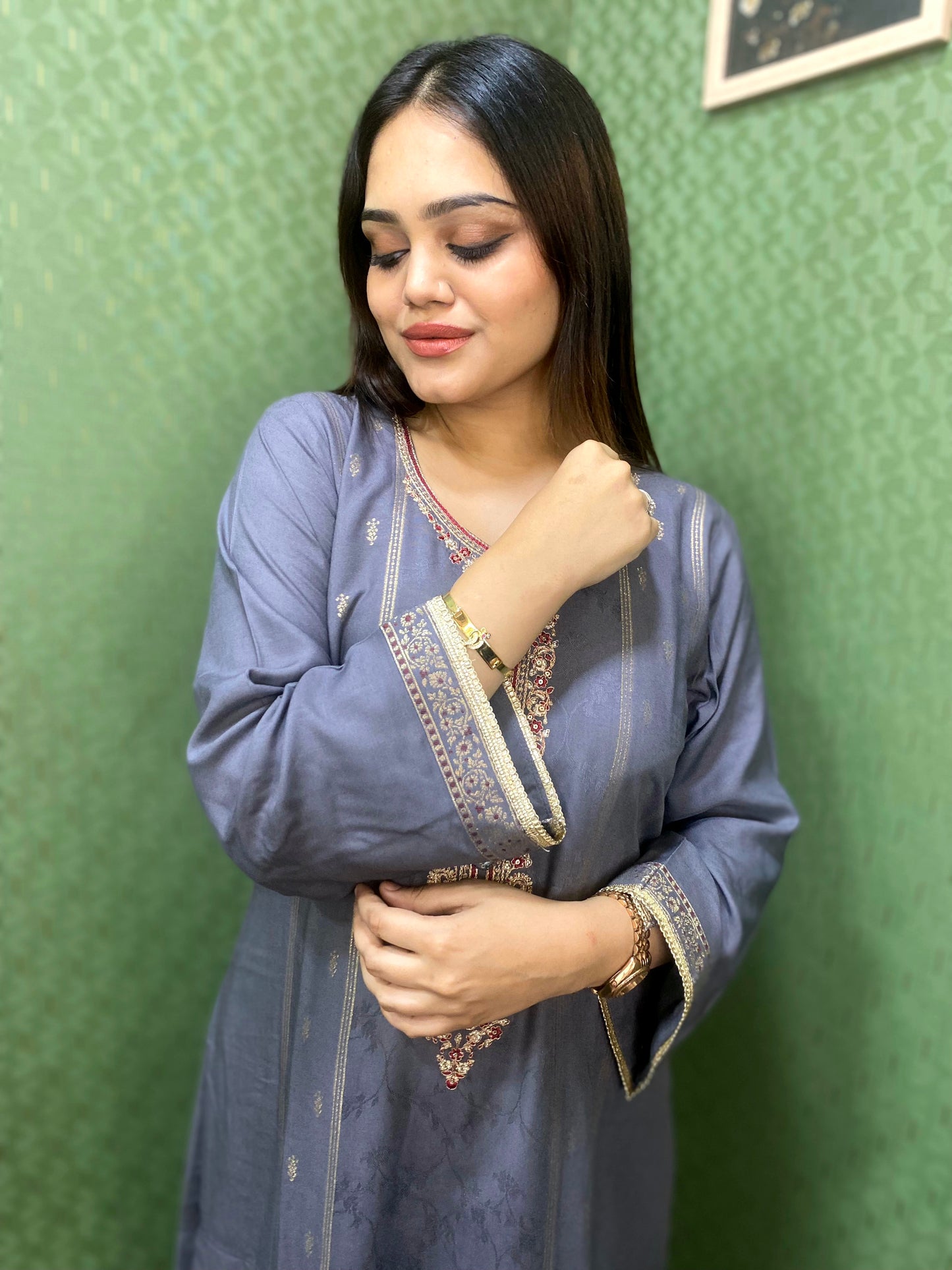 Grey Pakistani Pashmina Glam with Silk Dupatta #1754