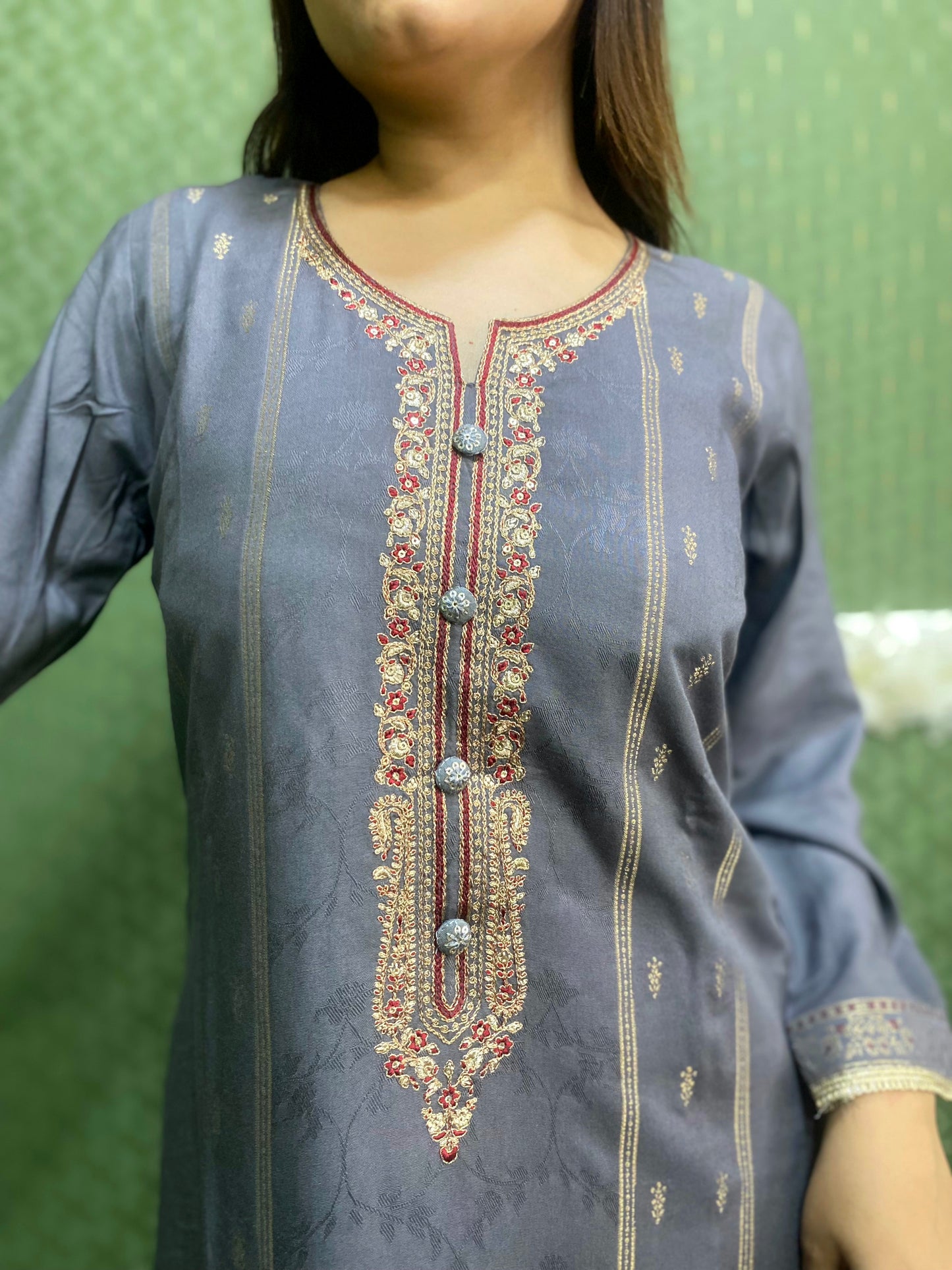 Grey Pakistani Pashmina Glam with Silk Dupatta #1754