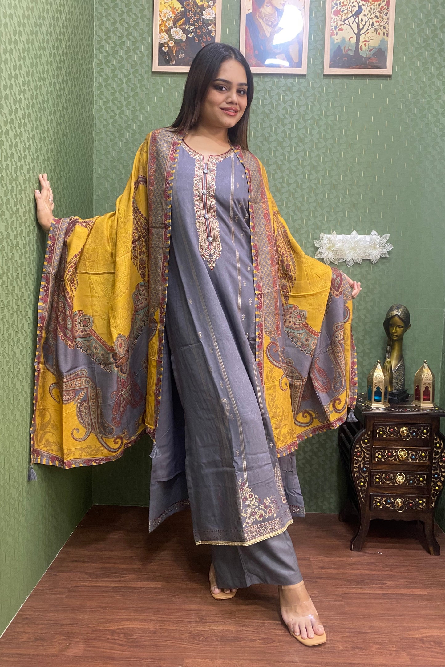Grey Pakistani Pashmina Glam with Silk Dupatta #1754
