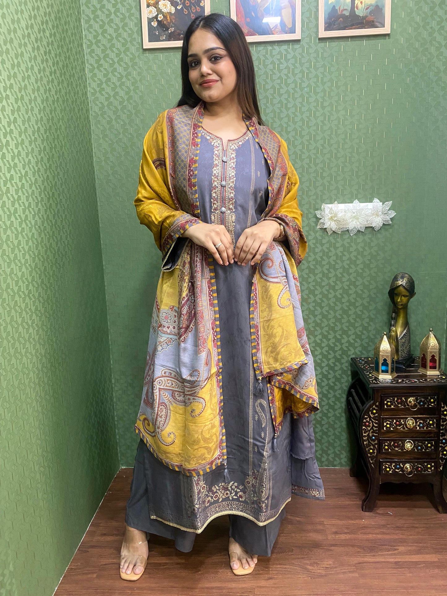 Grey Pakistani Pashmina Glam with Silk Dupatta #1754