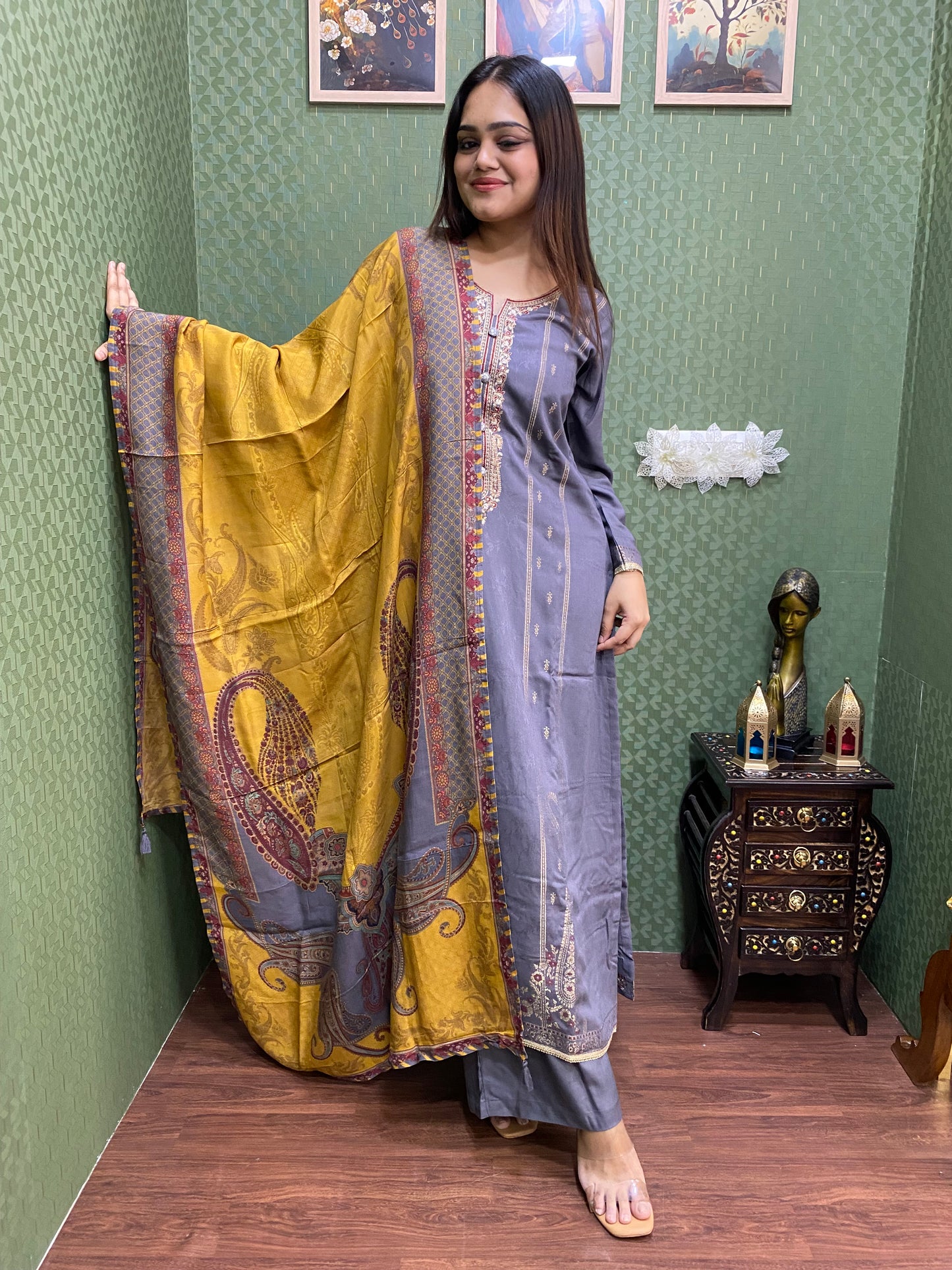 Grey Pakistani Pashmina Glam with Silk Dupatta #1754