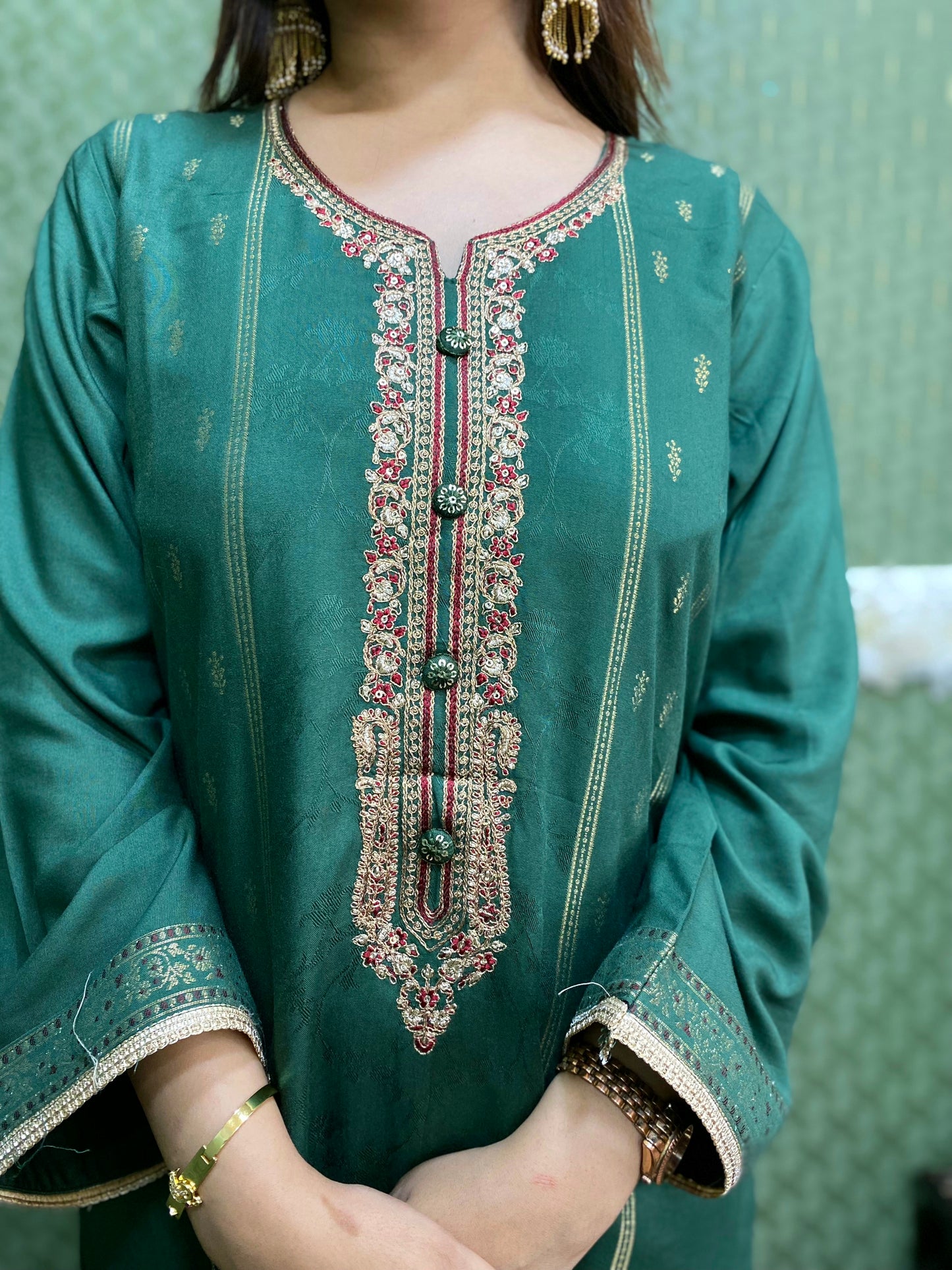 Green Pakistani Pashmina Glam with Silk Dupatta #1753
