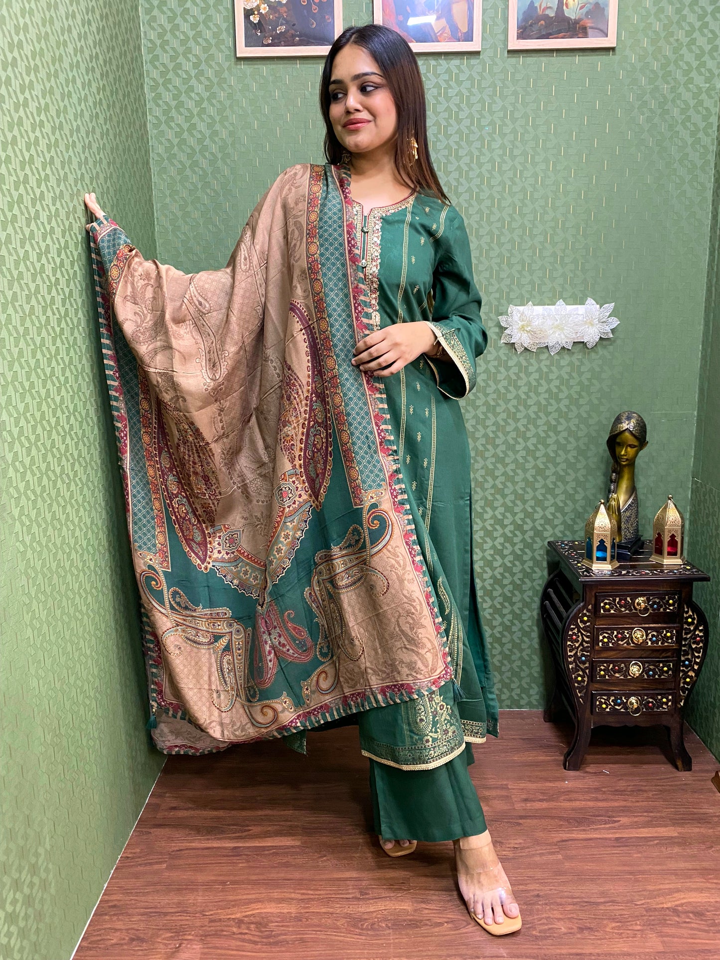 Green Pakistani Pashmina Glam with Silk Dupatta #1753