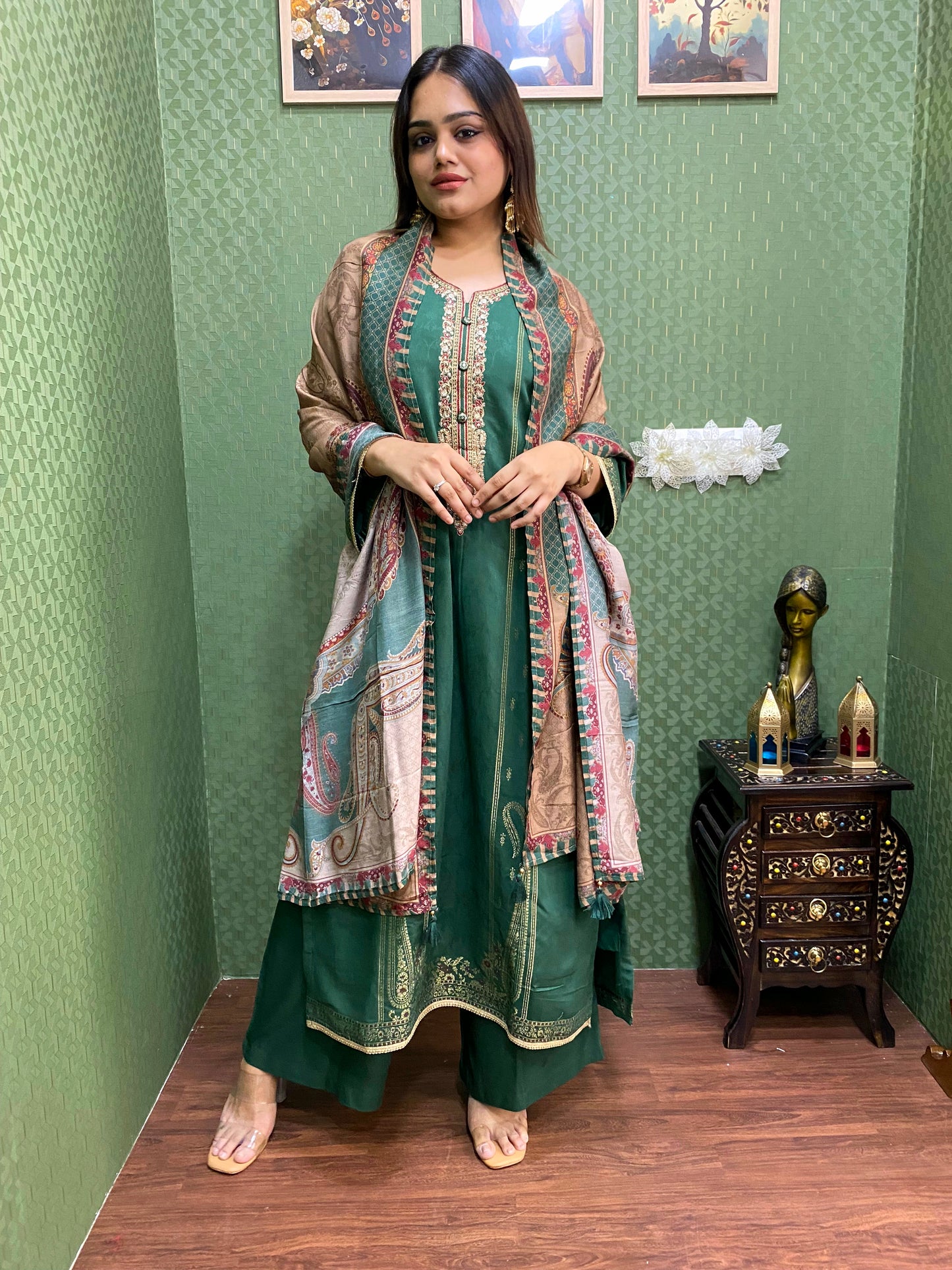 Green Pakistani Pashmina Glam with Silk Dupatta #1753