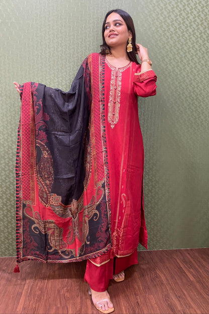 Red Pakistani Pashmina Glam with Silk Dupatta #1751
