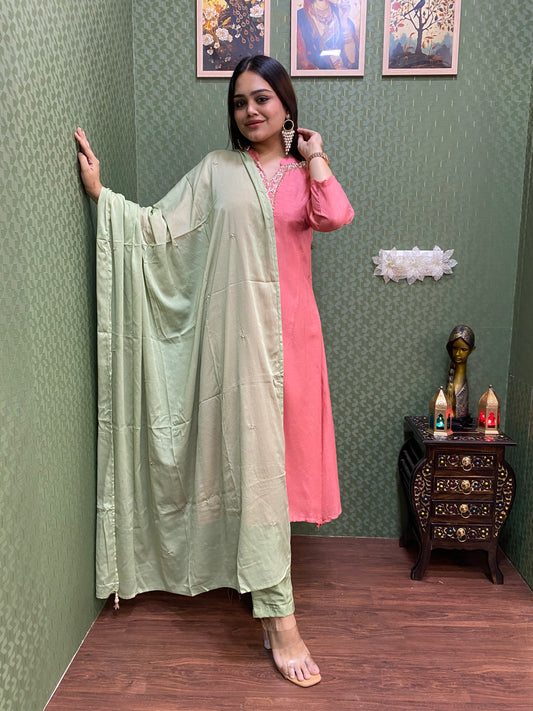 Peach & Green Dola Silk Handwork A-Line Suit Set #1441