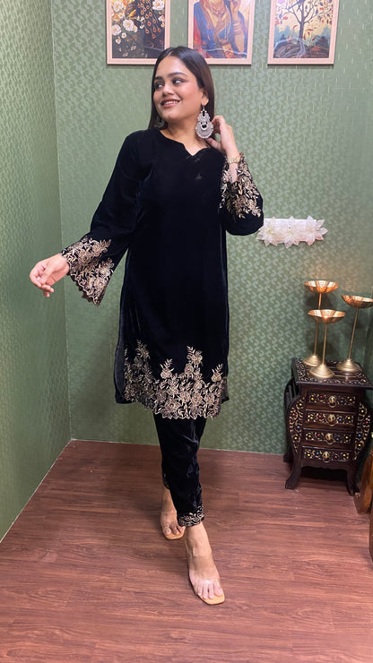 Black Velvet Party Wear Co-ord Set with Zari Thread Work #1746